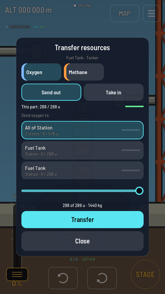 The Transfer resources sheet over the flight screen: Oxygen and Methane tiles, Send out and Take in, the list under Send oxygen to with All of Station picked, the amount slider, Transfer and Close.