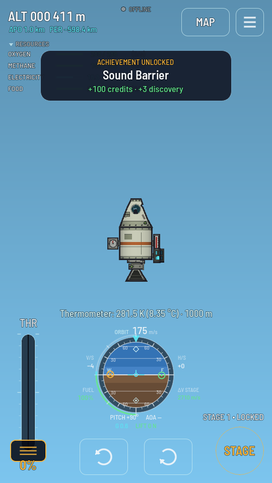 A flight screen with the line Thermometer: 281.5 K (8.35 °C) · 1000 m under the ship.