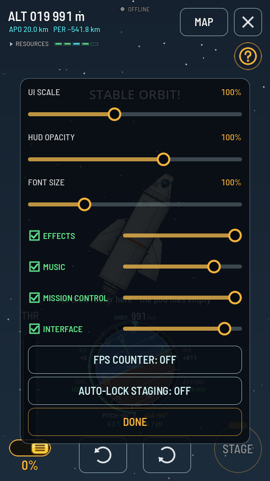 The flight settings sheet scrolled to its foot: the four sound channels, then FPS COUNTER: OFF, AUTO-LOCK STAGING: OFF and DONE.