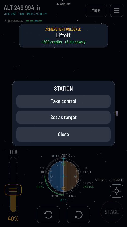 The STATION sheet over the flight screen: a Take control button, a Set as target button and Close.