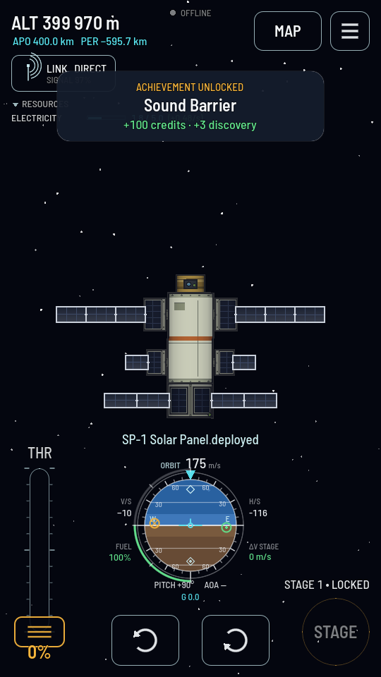 The same satellite with all its solar wings fully unfolded into straight lines out of both flanks.