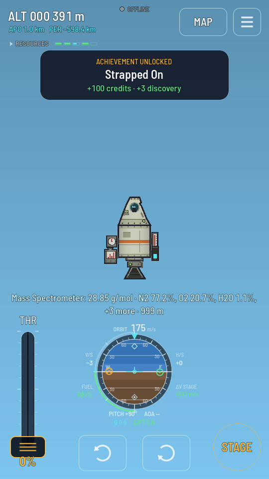 The same flight screen with the line Mass Spectrometer: 28.85 g/mol · N2 77.2%, O2 20.7%, H2O 1.1%, +3 more · 999 m wrapped over two lines under the ship.