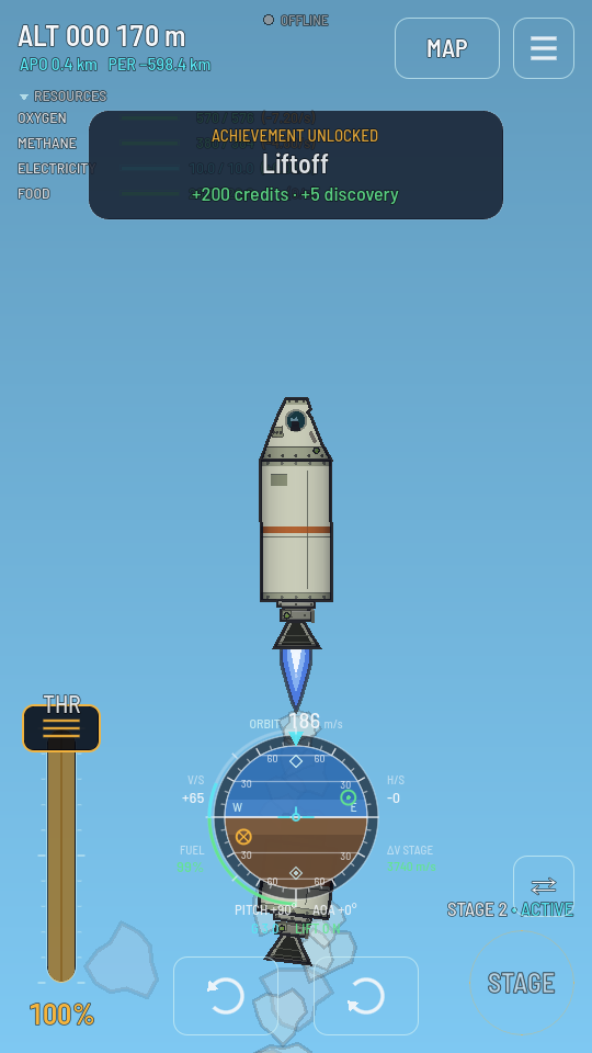 The flight HUD in the middle of ascent, reading STAGE 2 · ACTIVE beside the STAGE button.