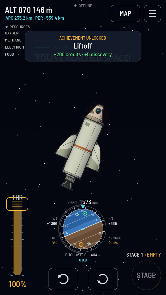 The flight HUD reading STAGE 1 EMPTY beside the stage button, fuel at 0%, a fading YOU'VE REACHED SPACE banner, APO 235.2 km and PER minus 559.4 km.
