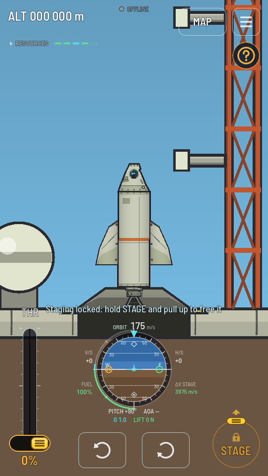 The flight screen on the pad with STAGE locked: a gold padlock over the word STAGE inside a dimmed ring, the yellow grip and a small arrow above it, and the line Staging locked: hold STAGE and pull up to free it above the navball.