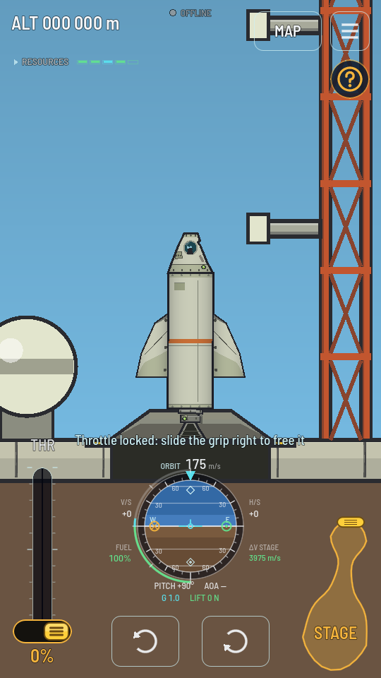 The flight screen on the pad with STAGE being pulled: the amber body drawn up into a round tip on a curving neck, with the yellow grip at its tip.