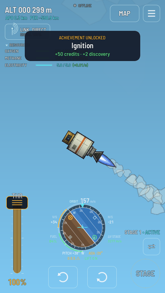 The flight HUD now showing the dropped booster under control, its own engine lit, with the switch button beside the stage readout.