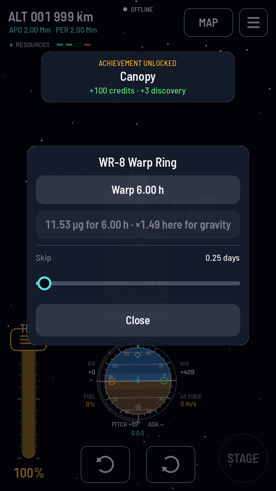 The WR-8 Warp Ring's sheet in flight: a Warp 6.00 h button, a greyed line reading 11.53 μg for 6.00 h · ×1.49 here for gravity, a Skip row reading 0.25 days with its slider near the left, and Close.