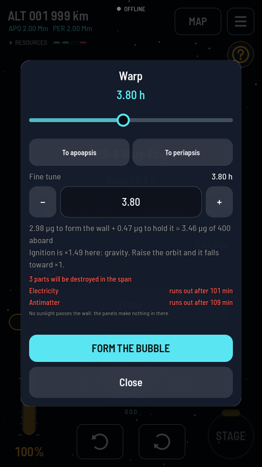 The Warp sheet reading 3.80 h: the span slider, To apoapsis and To periapsis buttons, a Fine tune field reading 3.80 between minus and plus buttons, the bill reading 2.98 μg to form the wall plus 0.47 μg to hold it, a red line saying 3 parts will be destroyed in the span, red Electricity and Antimatter rows saying runs out after 101 min and 109 min, and a cyan FORM THE BUBBLE button.