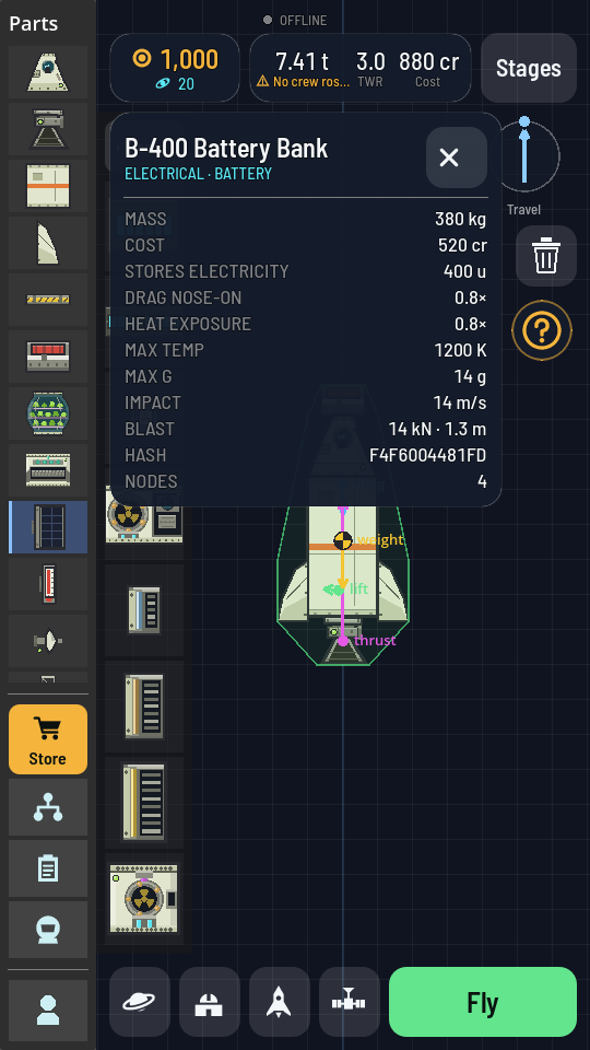 The part info card for the PB-20 Battery, listing its mass, cost and stored charge.