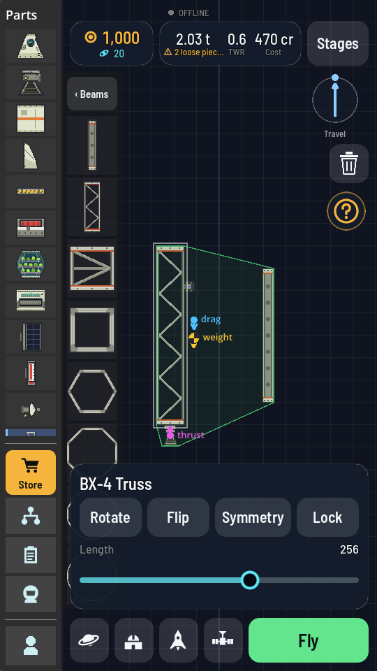 The hangar with the Beams tab open, a BX-4 Truss selected on the canvas with a Lander Engine under it and a thruster block on its flank, and a BX-1 Girder beside them.