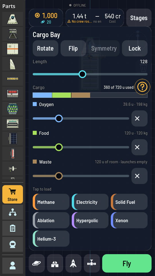 The Cargo Bay's panel: a bar split into oxygen, food and waste, a slider under each with a remove button, and tiles for the resources still to load.