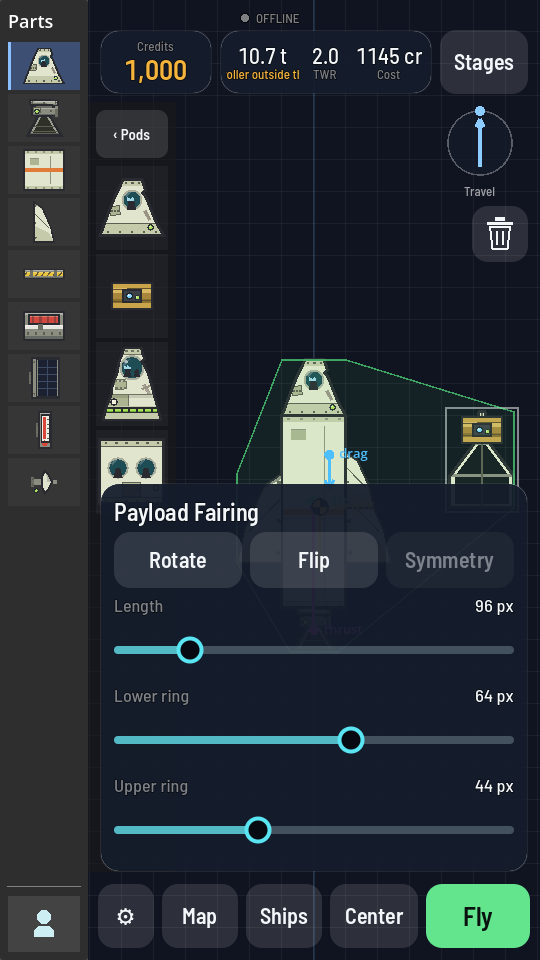A Payload Fairing's sliders open in the hangar, with a part standing through its outline and a warning naming it above the mass readout.