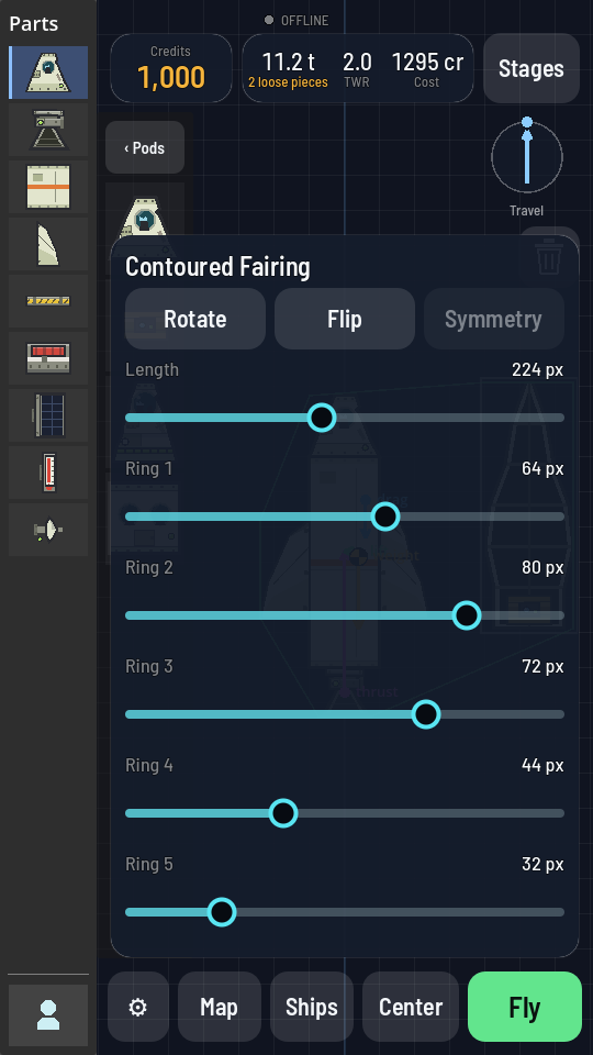 The hangar with the Contoured Fairing selected, its sheet showing a Length slider at 224 px and five ring sliders reading 64, 80, 72, 44 and 32 px.