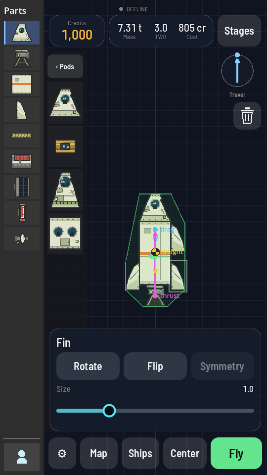 A fin selected on the starter rocket, its properties sheet open below with Rotate, Flip and Symmetry buttons and a Size slider.