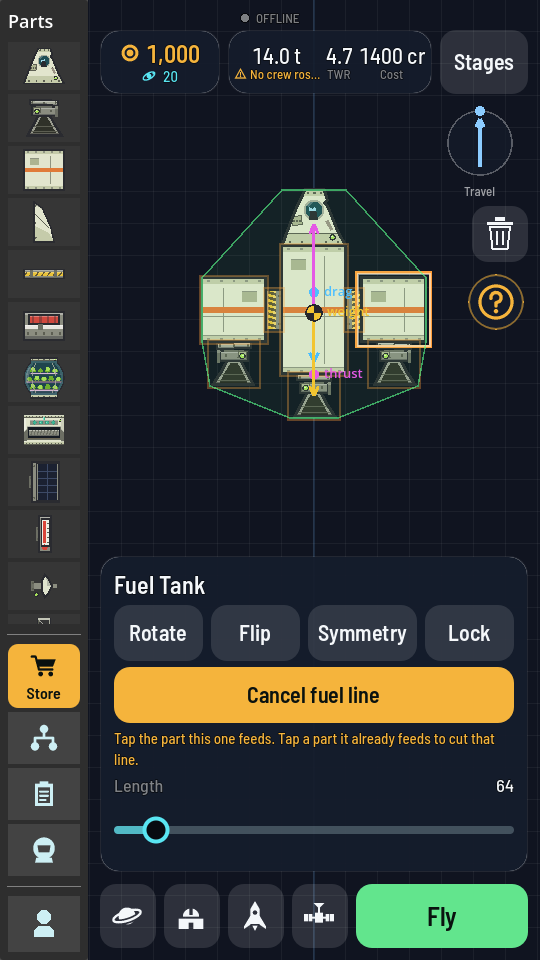 The hangar with a side tank ringed in orange, the parts a line could end on outlined, and the panel reading Cancel fuel line.