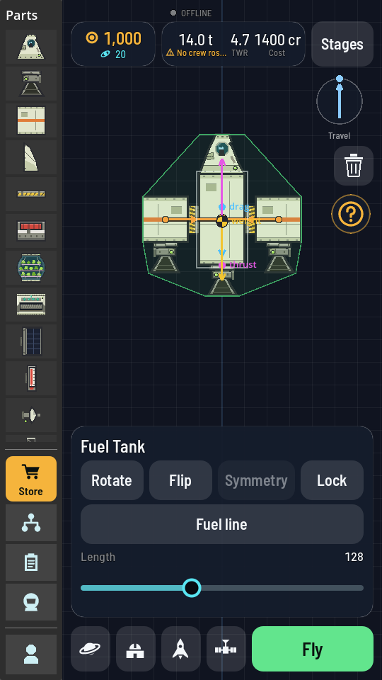 A core rocket with a side booster on each flank and an orange fuel line from each side tank into the core, arrowheads pointing inward.