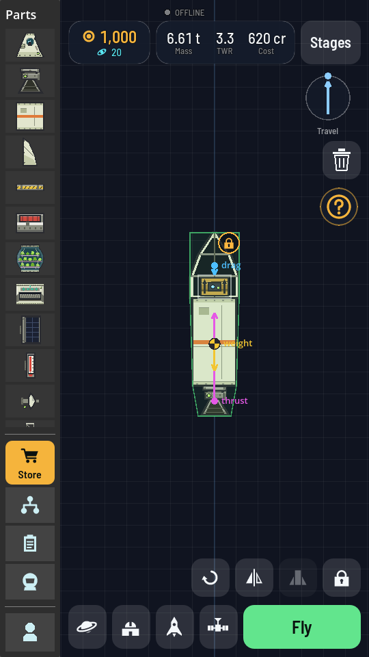 A rocket in the hangar with an amber padlock on the top right corner of its fairing, and the probe core under the fairing selected.