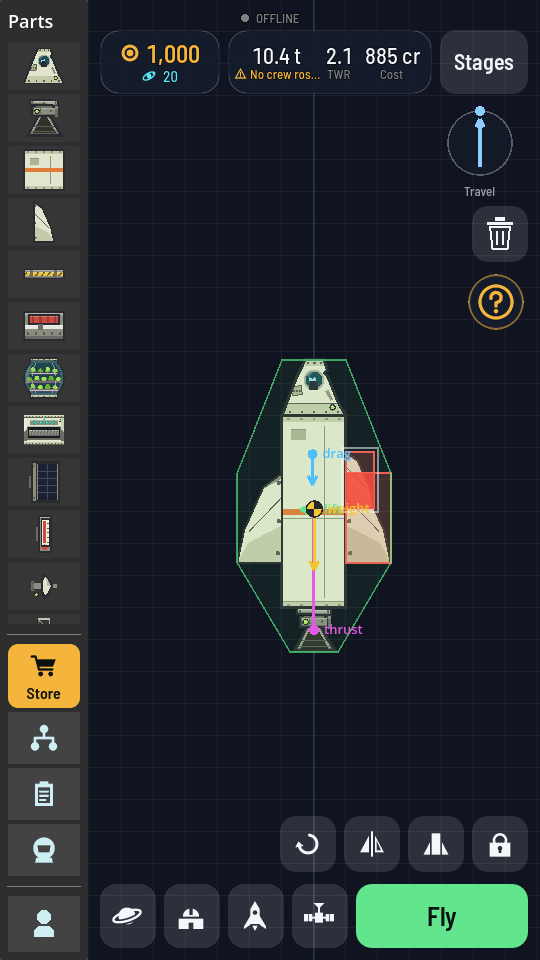A fin selected on the starter rocket with the panel shut, and the rotate, flip, symmetry and lock buttons standing at the bottom right, above Fly.