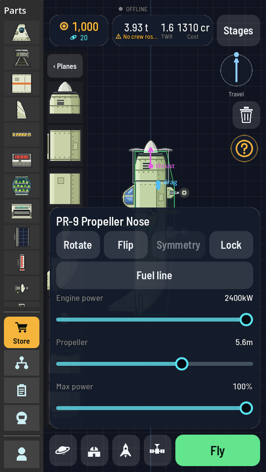 The hangar with the PR-9 Propeller Nose selected on an aeroplane. Its panel shows three sliders: Engine power at 2400kW, Propeller at 5.6m and Max power at 100%. The readout at the top reads 3.93 t, TWR 1.6 and 1310 cr.