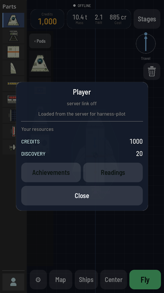 The Player sheet over the hangar, showing credits and discovery, with buttons for Achievements and Readings.