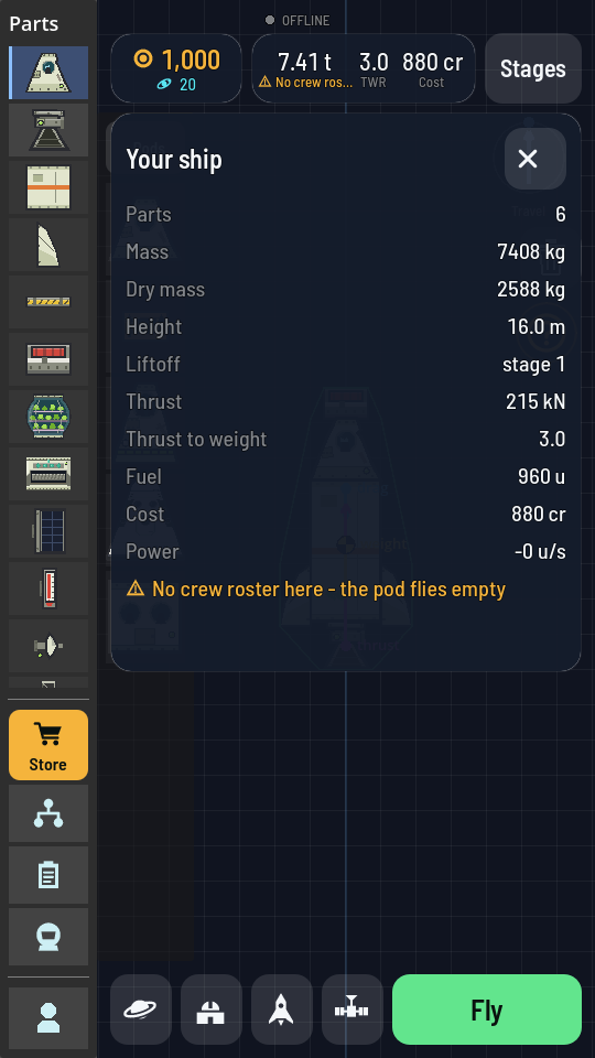 The Your ship sheet listing parts, mass, dry mass, height, thrust, thrust to weight, fuel and cost, over the rocket on the canvas.