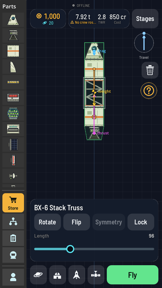 The hangar with a rocket of a Command Pod, a Fuel Tank, a BX-6 Stack Truss selected with its Length slider showing, a second Fuel Tank and an engine, and an orange fuel line drawn from the upper tank to the lower one across the truss.