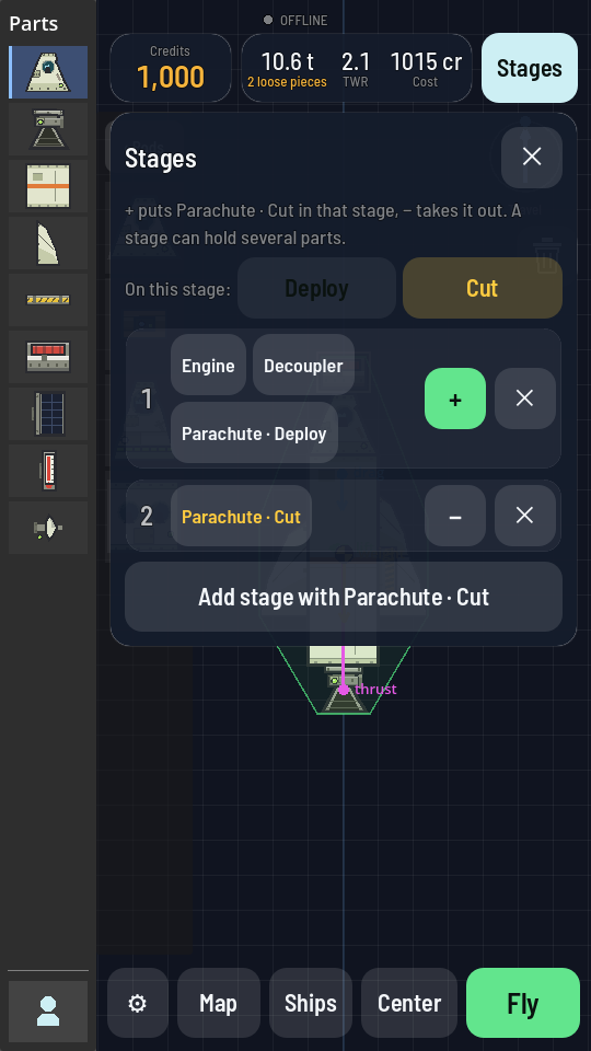 The staging list with two stages: stage one holding Engine, Decoupler and Parachute set to Deploy, stage two holding Parachute set to Cut, and Deploy/Cut buttons above the list.