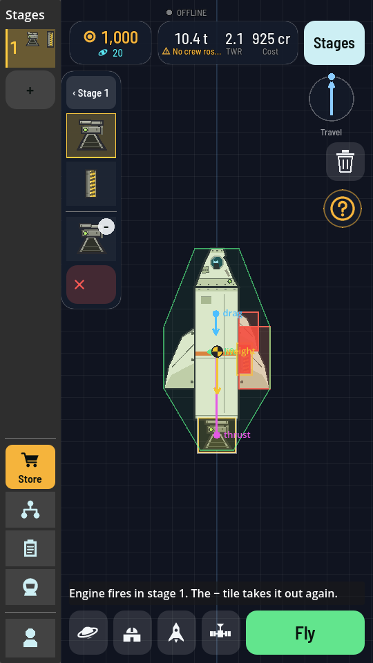 The hangar in staging mode: a numbered stage tile in the left column, the open stage's contents beside it, and a line under the ship reading Engine fires in stage 1.