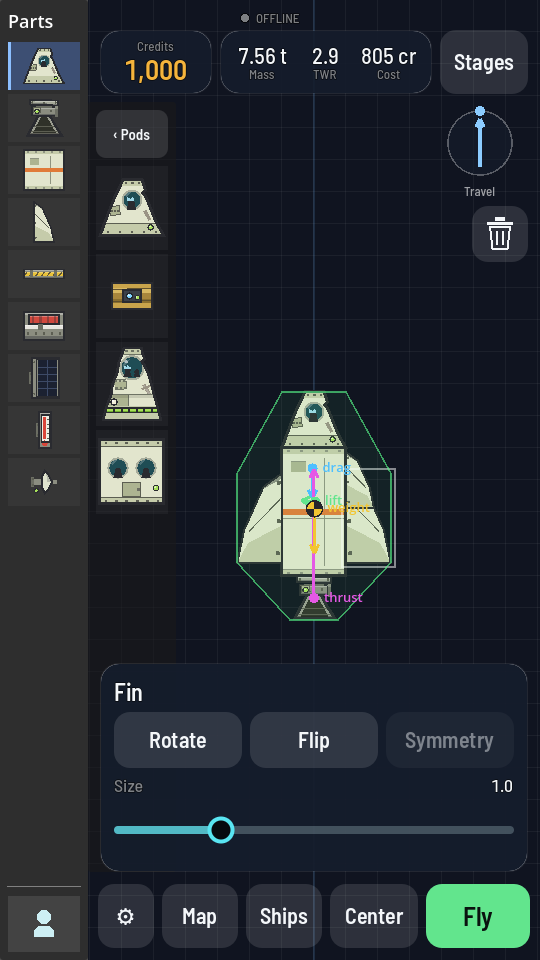 A fin selected on the starter rocket with Symmetry greyed out on its sheet, because this fin already has a linked partner on the other side.