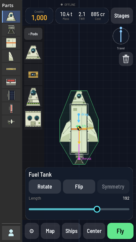 The starter rocket with its tank lengthened, the readout showing higher mass and cost, and the weight, thrust, drag and lift arrows over the ship.