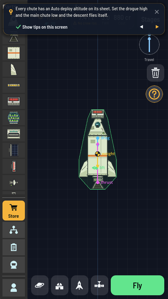 A tip on a small rounded card at the top of the hangar: a light bulb, the tip and an X, then a ticked Show tips on this screen and two arrows.