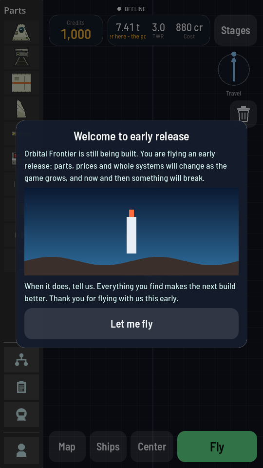 A message over the hangar: the title Welcome to early release, two paragraphs about the game still being built with a picture of a rocket on a hill between them, and a wide Let me fly button.