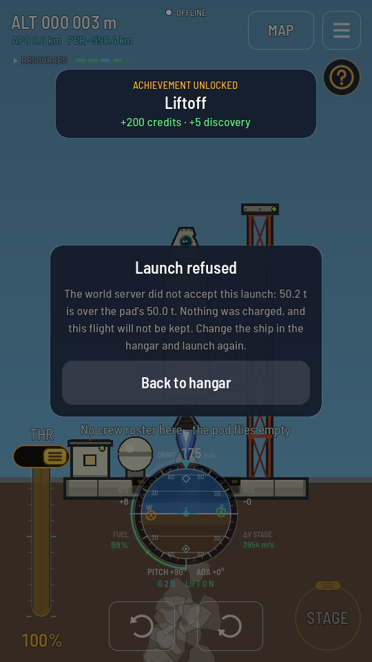 The Launch refused sheet over a rocket just off the pad: it says 50.2 t is over the pad's 50.0 t, that nothing was charged, and offers Back to hangar.