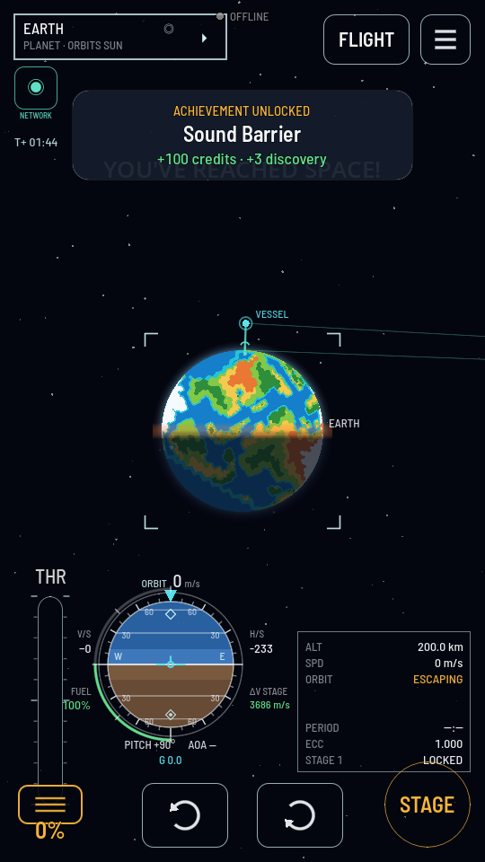 The flight map over Earth with the comms chip lit in the top left, its caption reading NETWORK, and the vessel marked above the planet.