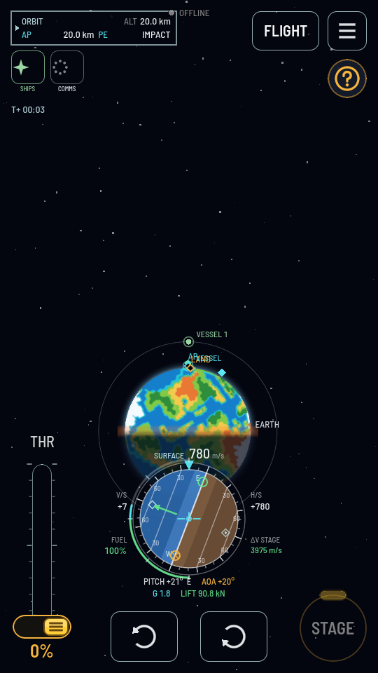 The map over Earth just after launch, with a small cyan diamond on Earth's edge up and to the right, marking where a landing contract asks the ship to stand.
