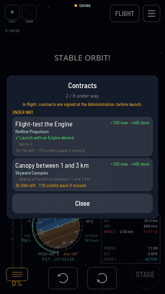 The same read-only contracts board opened over the map view, with the orbit readouts visible behind it.