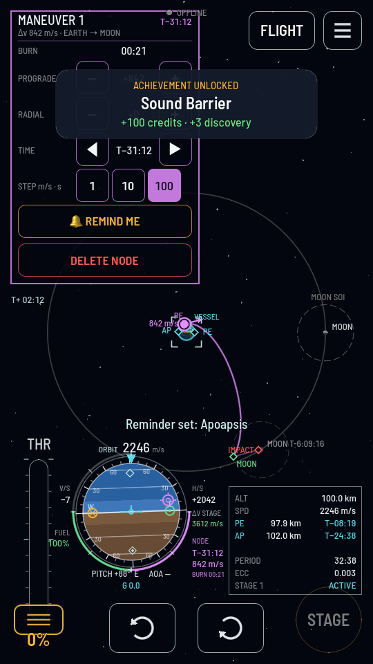 The maneuver panel reading MANEUVER 1, Δv 842 m/s, EARTH › MOON, with the planned violet path curving out to a Moon encounter marker.