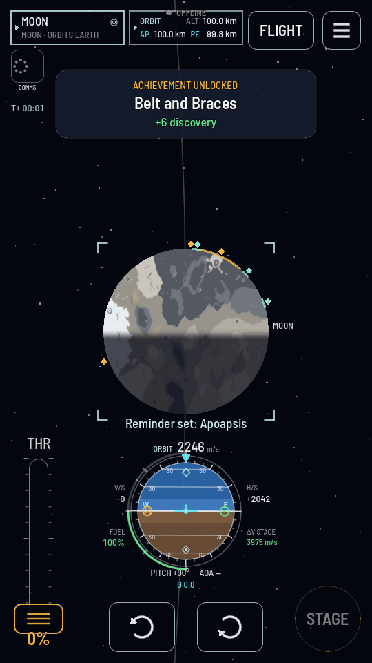 The flight map zoomed on the Moon, with small mint diamonds on the upper right of its edge beside amber ones.