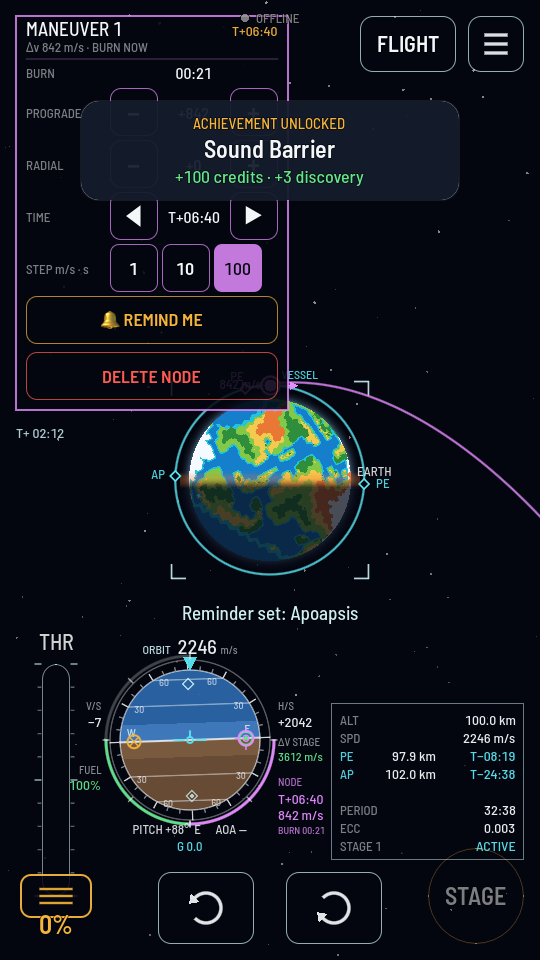 The maneuver panel past its mark, reading T+06:40 and BURN NOW, the node still waiting on the plan to be flown.