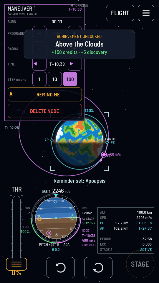 The maneuver node panel over the map: the burn length, PROGRADE and RADIAL adjusters, TIME, a STEP row of 1, 10 and 100, REMIND ME and DELETE NODE, with the planned orbit drawn round Earth.