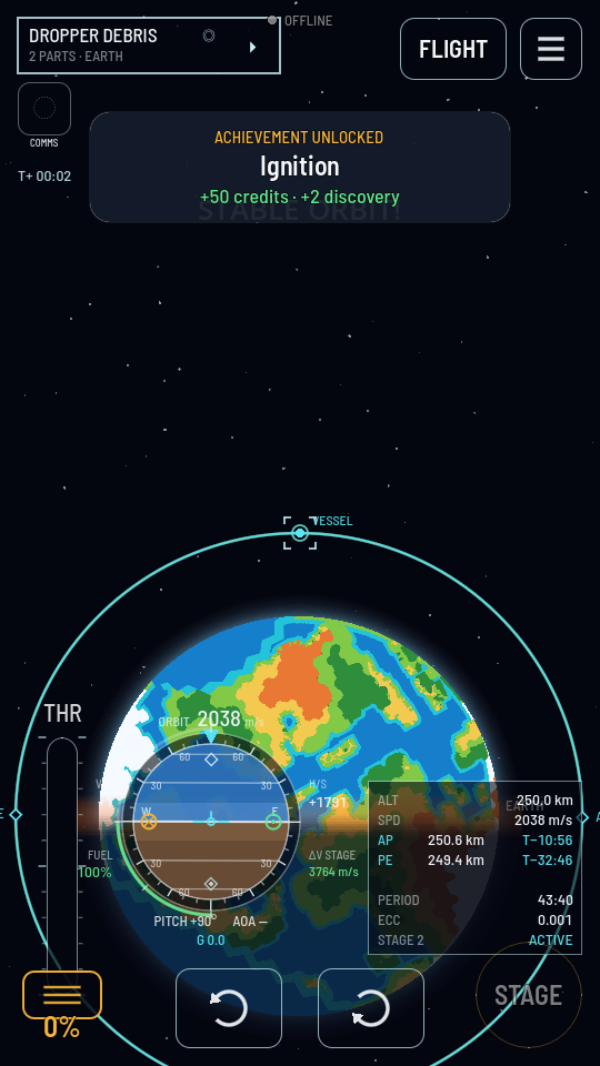A dropped stage named Dropper Debris followed on the map, its own card open at the top reading 2 PARTS · EARTH, on its own orbit around Earth.