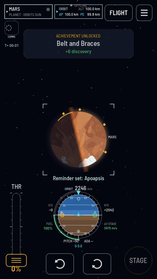 The map zoomed on Mars, with amber diamonds on its edge marking four points of interest.