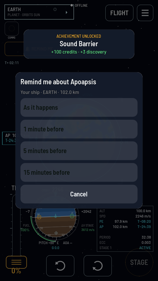 The Remind me about Apoapsis sheet, listing As it happens, 1 minute before, 5 minutes before and 15 minutes before, above a Cancel button.