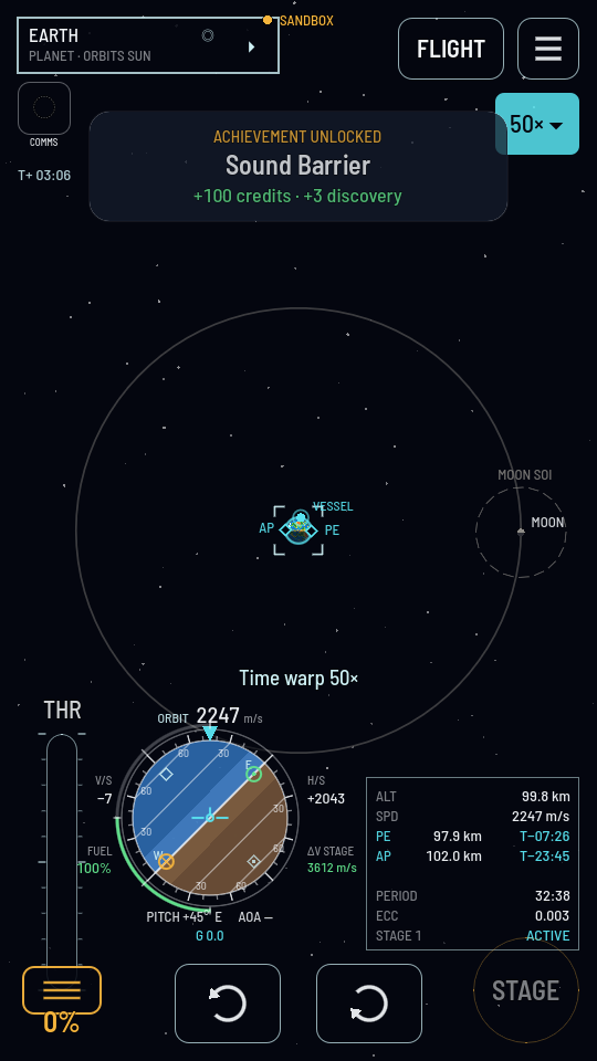 The map in flight in sandbox, with the 50× rate button in the top right corner and the words Time warp 50× across the middle.