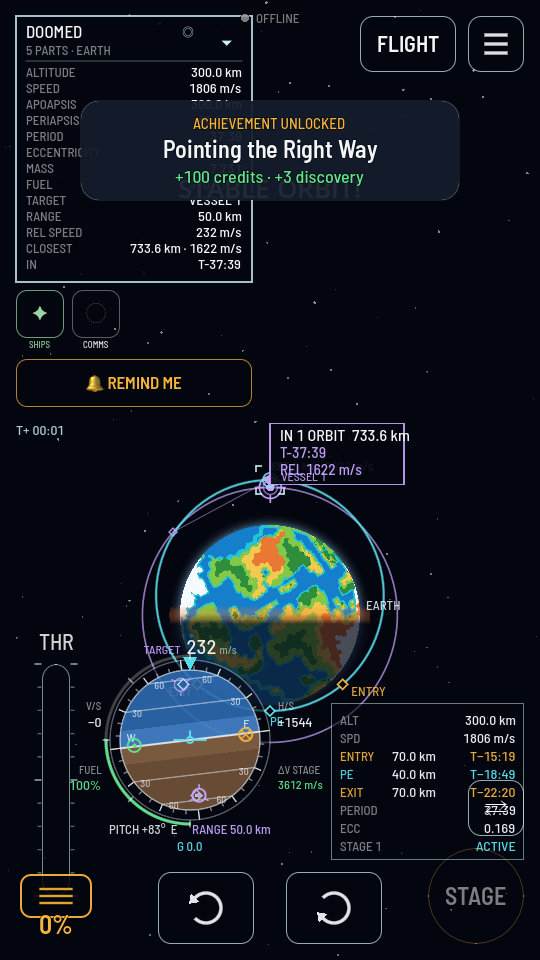 The flight map with the ship's card listing TARGET, RANGE 50.0 km, REL SPEED 232 m/s and CLOSEST 733.6 km, a lavender marker on the orbit titled IN 1 ORBIT, and the navball below reading TARGET 232 m/s with RANGE 50.0 km under it.