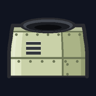 The AI-1 Air Intake as drawn in the hangar: a nearly straight riveted drum whose whole front is a dark open mouth inside a dark rim, with three vent slots on its flank.