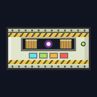 The AM-8 Antimatter Container as drawn in the hangar: a pale module between two hazard-striped bands, a violet glow held between two coils, and the four lamps of its gravity gauge below it in cyan, green, amber and red.
