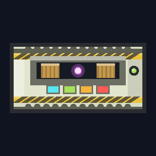 The AM-4 Antimatter Container as drawn in the hangar: the AM-8's trap at half size, a slot with a copper coil either side of a magenta mote, hazard bands top and bottom, four gauge sockets below.