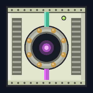 The AC-8 Antimatter Converter as drawn in the hangar: a square pale module with a ringed chamber glowing violet at its centre, a mint pipe in at the top and a violet pipe out at the bottom.